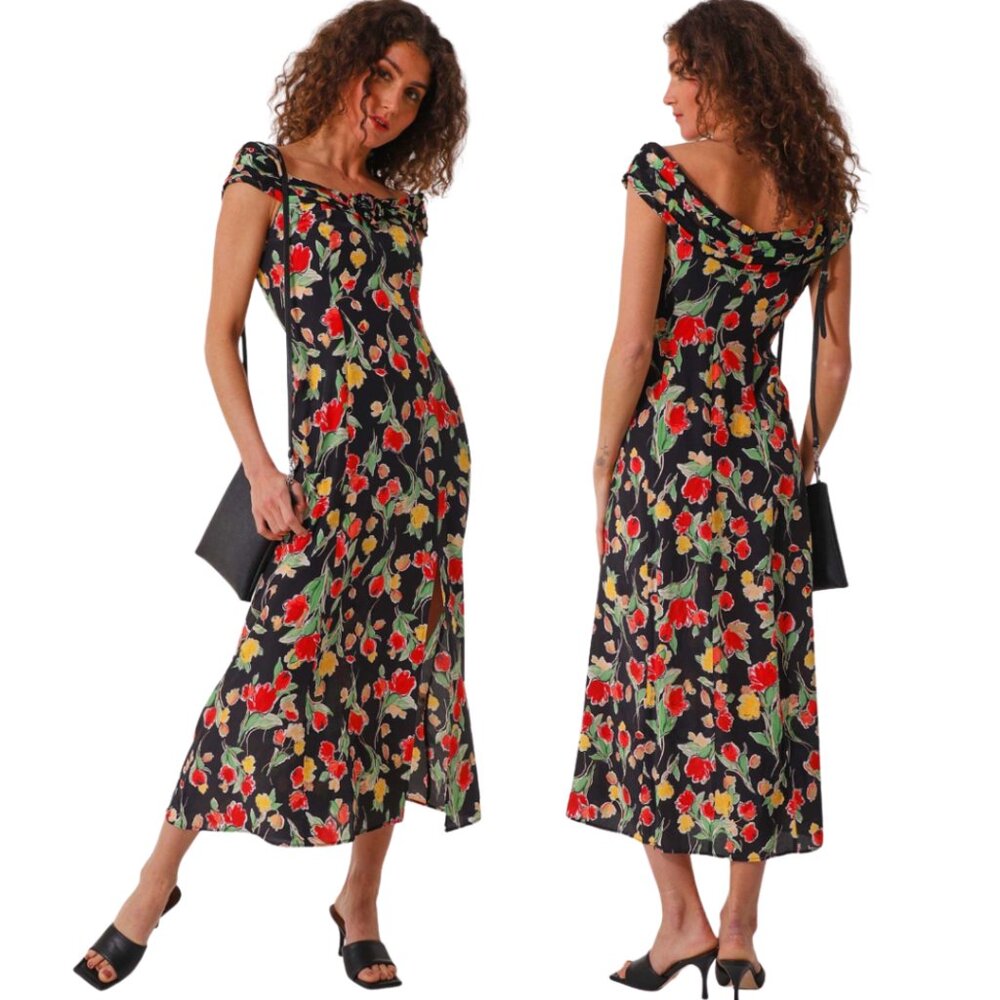 RIXO | Freya Silk Bardot Midi Dress